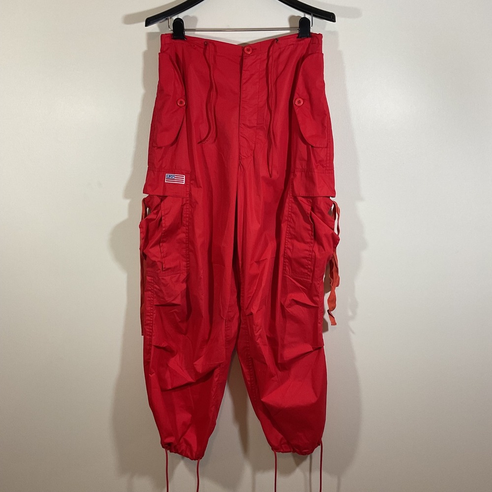 UFO Red Cargo Rave Pants Baggy Drawstring Utility Streetwear XS Gorpcore Y2K 90s